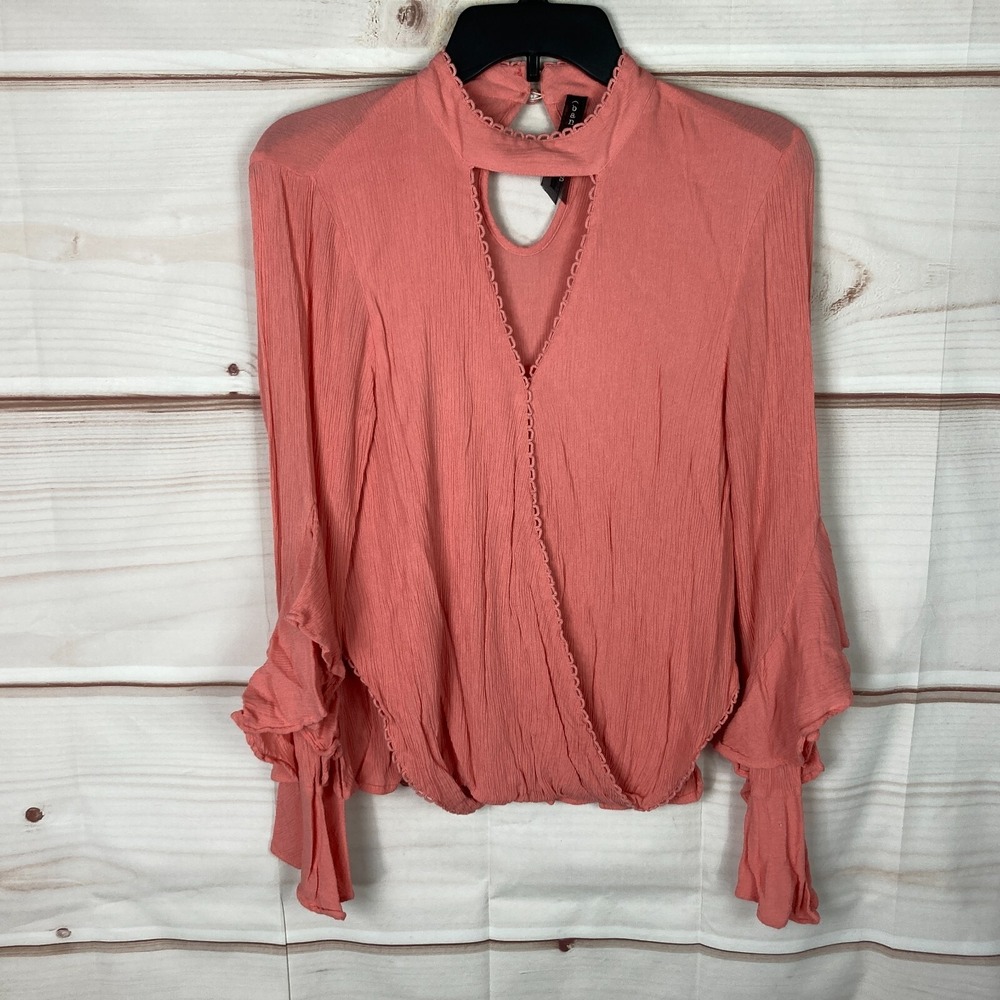 Ban Jara Top Womens S Pink Faux Wrap Blouse Keyhole Neck Crinkle‎ Bell Sleeve
